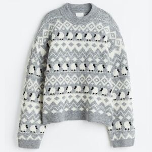 H&M gray and white cute sheep touch of wool jacquard knit sweater NWT
